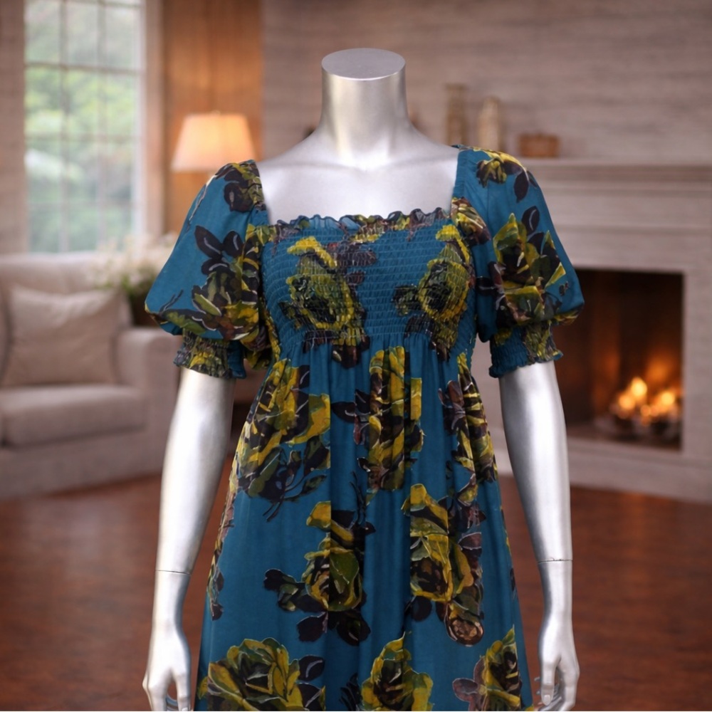 Betsey Johnson Teal Floral Velvet Tunic Top Babydoll Dress